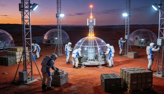 Astronaut crew repairing central antenna dome at red desert base under twilight lights