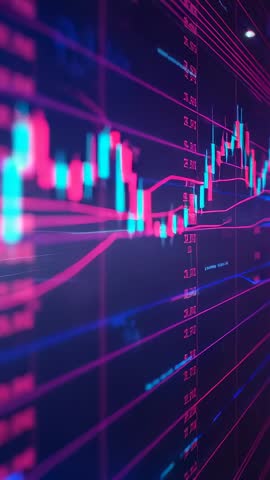 Panning vertical video revealing neon candlestick chart with magenta trend lines for fintech
