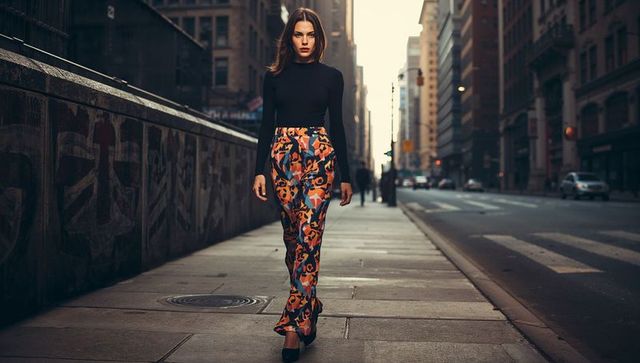 Chic woman in urban setting wearing patterned trousers