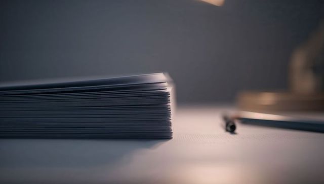 Minimalist desk stacking white paper sheets with pen and warm lamp glow