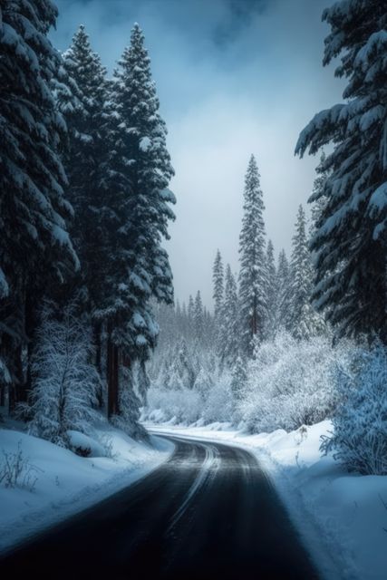 A winter road winds through a snow-covered forest with towering pine trees on both sides. The setting presents a serene and tranquil scene, perfect for use in advertisements related to travel, outdoor gear, winter vacations, or holiday cards. It evokes feelings of peace, adventure, and nature's beauty.