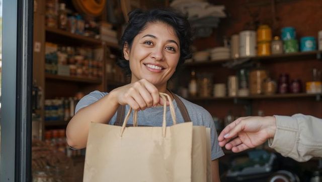 Smiling shopkeeper handing brown paper bag to customer at local grocery entrance