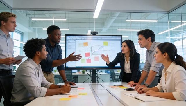 Diverse business team debating growth chart during collaborative strategy meeting