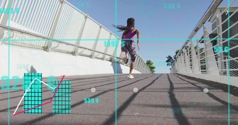 Woman running on urban bridge with turquoise data overlay and dynamic shadows