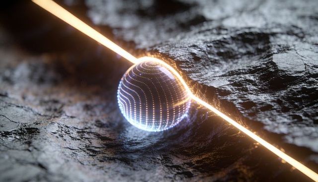 Holographic dotted orb emitting blue-white halo with diagonal amber laser on rocky surface