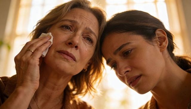 Mother and daughter sharing tender emotional moment wiping tears together warm backlit