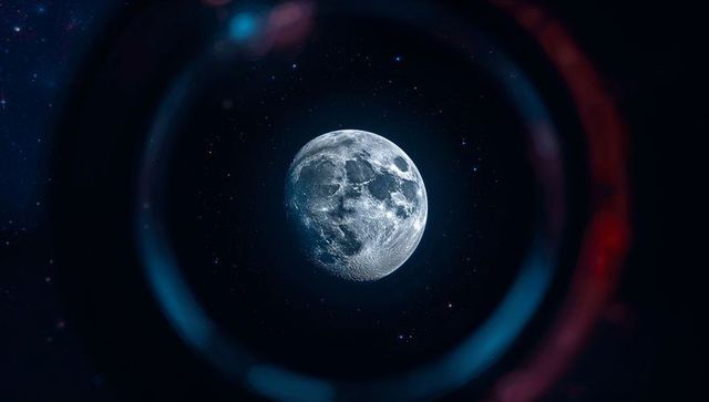 Mystical Moon with Diffused Cosmic Rings and Starry Sky