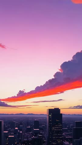 Sunset turning into night over skyscrapers in vertical urban skyline timelapse video