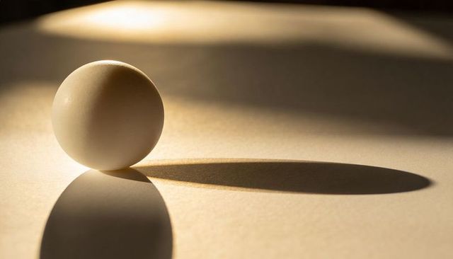 Minimalist Beige Sphere Resting on Textured Surface Casting Long Dramatic Shadow