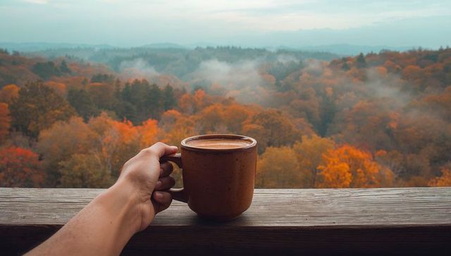 Hand holding speckled ceramic mug overlooking misty autumn valley from wooden balcony