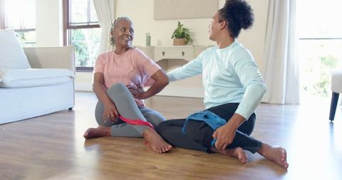 Mother and Son Home Yoga Practice with Resistance Bands