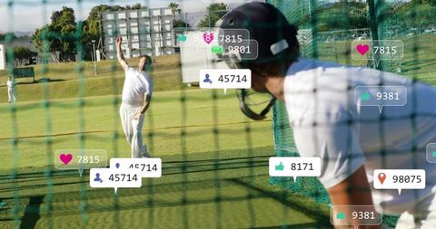 Batter leaning in practice net facing bowler with social media overlays during cricket training