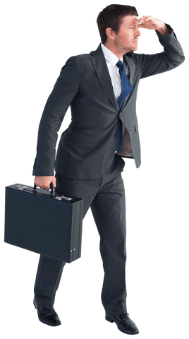 Transparent businessman holding briefcase looking into distance