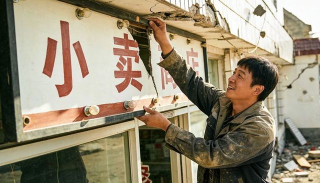 Smiling repairman fixing torn rubber sign trim on storefront with chinese characters