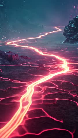 Vertical panning neon fissure pulsing across cracked alien plain with glowing mist horizon