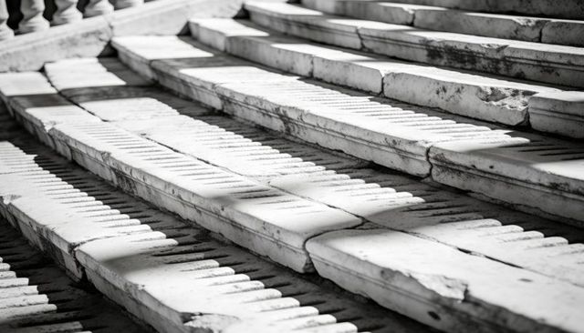 Worn Marble Staircase with Grooved Treads and Balustrade Shadows, Classical Architecture Detail
