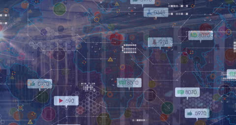 Digital Interface Animation Over Server Room in Global Context