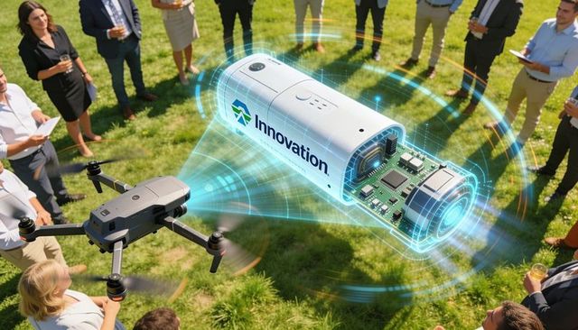 Drone projecting innovation hologram while business team standing on lawn for product demo