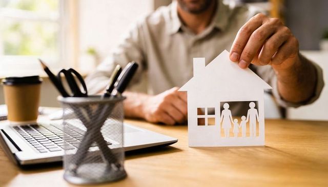 Man holding paper house cutout representing family homeownership, mortgage, property planning