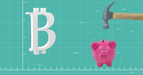 Hammer Targeting Bitcoin Symbol and Piggy Bank in Digital Interface