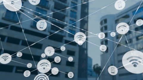 Digital Network Connections Overlaying Modern Office Buildings