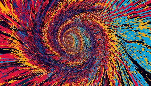 Swirling vibrant spiral vortex radiating multicolor paint splatter and streaks