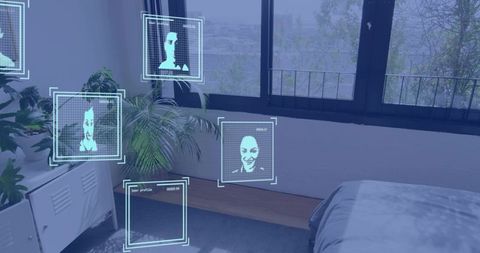 Floating augmented reality facial profile huds displaying user portraits in modern bedroom