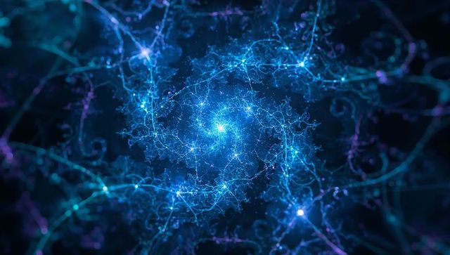 Pulsing luminous neural spiral unfolding in neon blue cosmic filament network