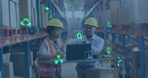 Warehouse Team Checking Laptop with Augmented Reality Inventory and Sustainability Metrics