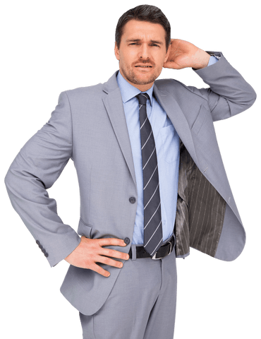 Caucasian businessman in formal attire appearing unsure on transparent background