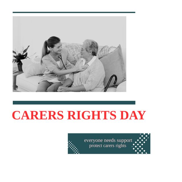 Image illustrates compassionate interaction between caregiver and elderly person, highlighting importance of Carers Rights Day. Can be used to promote healthcare awareness, caregiver appreciation campaigns, medical assistance programs, and events celebrating caregivers' contributions.