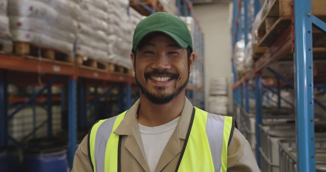 Smiling male worker wearing a fluorescent safety vest and green cap in a warehouse. Rows of shelving units with goods in storage are visible in the background. Ideal for depicting themes related to logistics, industrial labor, warehouse management, and safety practices in the workplace.