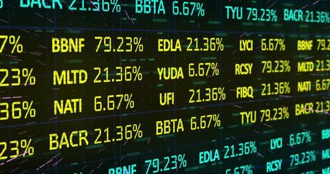 Neon Stock Market LED Ticker Display Showing Real-Time Percentages and Alphanumeric Codes