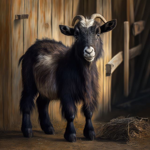 Depicts a young goat standing inside a rustic wooden barn, ideal for themes related to farming, countryside life, or animal husbandry. Perfect for use in agricultural promotions, children's educational materials about farm animals, or articles focused on rural living.