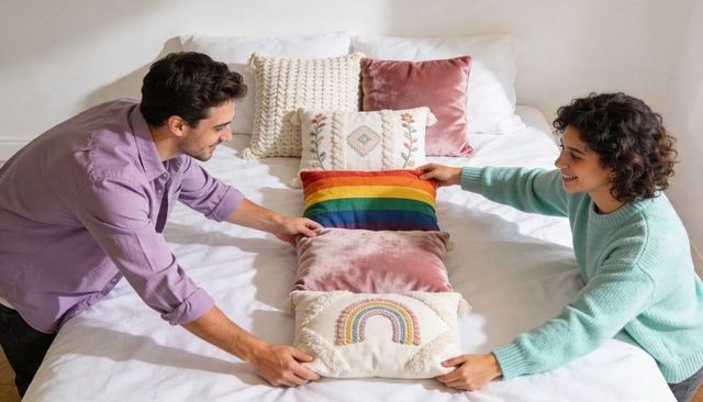 Couple arranging rainbow velvet and blush pillows on cozy white bed, celebrating together