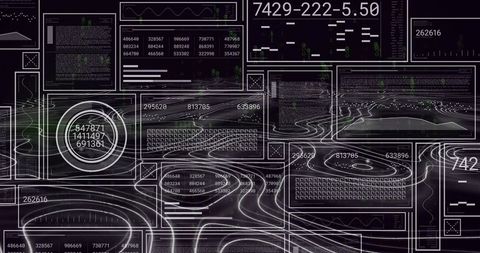 Futuristic Data Dashboard Showing Layered Analytics Panels, Contour Maps and Neon Gauge
