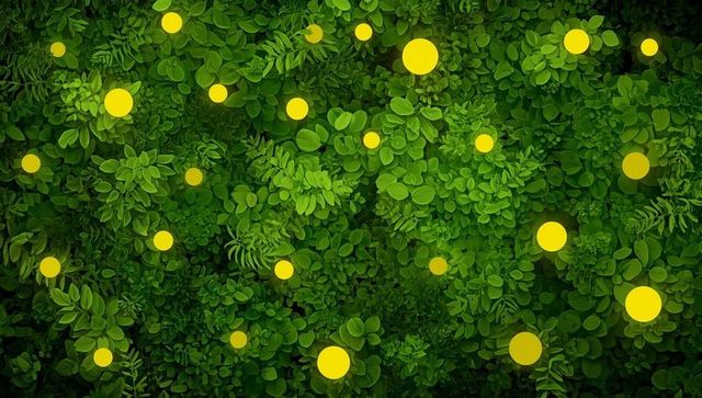 Harmonious glow: yellow orbs amid lush greenery texture