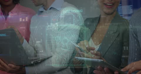 Digital Security Overlay with Diverse Business Team in Office