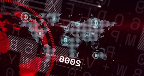 Futuristic bitcoin network on dotted world map with neon dashboard and red radar arc