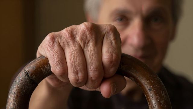 Elderly male gripping worn wooden cane handle close-up showing knuckles and skin texture