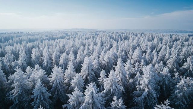 Aerial panorama of frost-covered conifer forest stretching to misty horizon under blue sky
