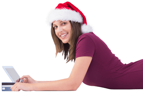 Transparent festive woman santa hat using tablet shopping online