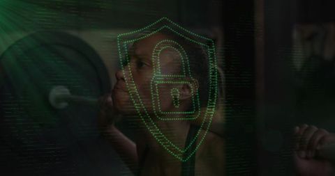 Female athlete performing barbell squat with neon padlock shield overlay, cybersecurity concept