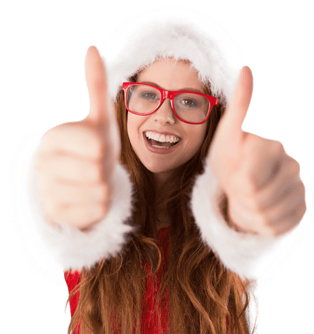 Cheerful redhead in santa hat giving thumbs up on transparent background