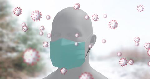 Winter coronavirus pandemic safety concept with face mask and virus particles