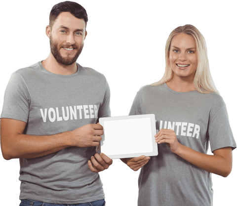 Transparent Background: Smiling Volunteers with Tablet Sign
