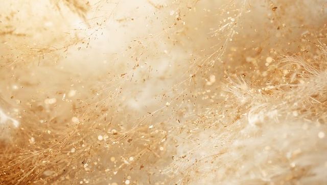 Glowing golden seed filaments with shimmering dust and warm bokeh macro closeup