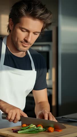 Vertical cooking video: Man in white apron chopping fresh vegetables on wooden board