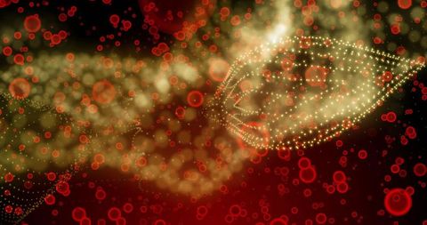 Flowing Luminous Golden Ribbon Weaving Through Digital Red Bokeh and Glowing Particles