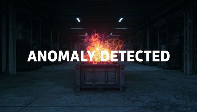 Anomaly detected — burning industrial crate emitting sparks and flames in dark warehouse